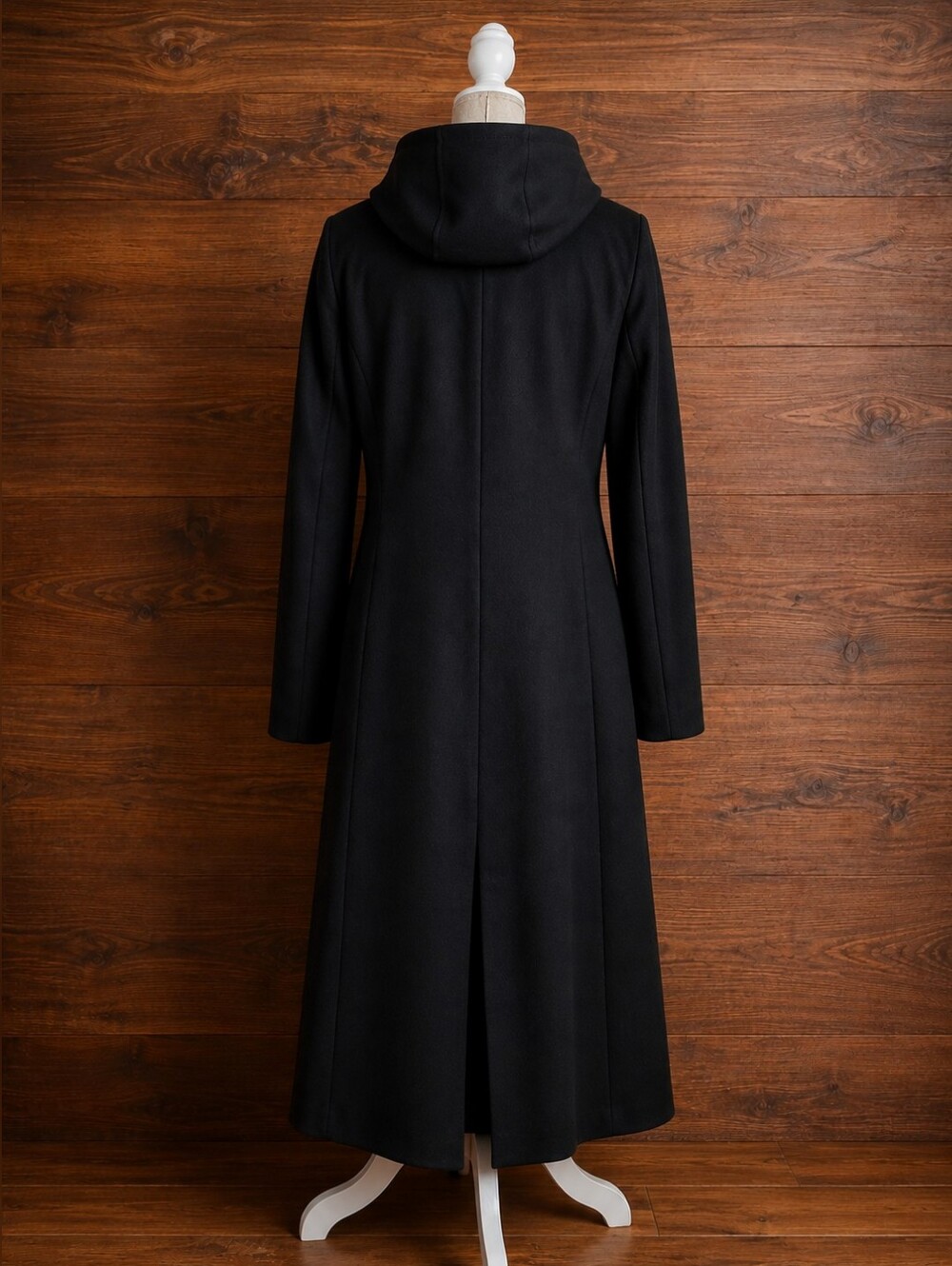 Anne Klein Black Hooded Double-Breasted 100% Wool Long Coat Women Size 16 - Picture 5 of 16